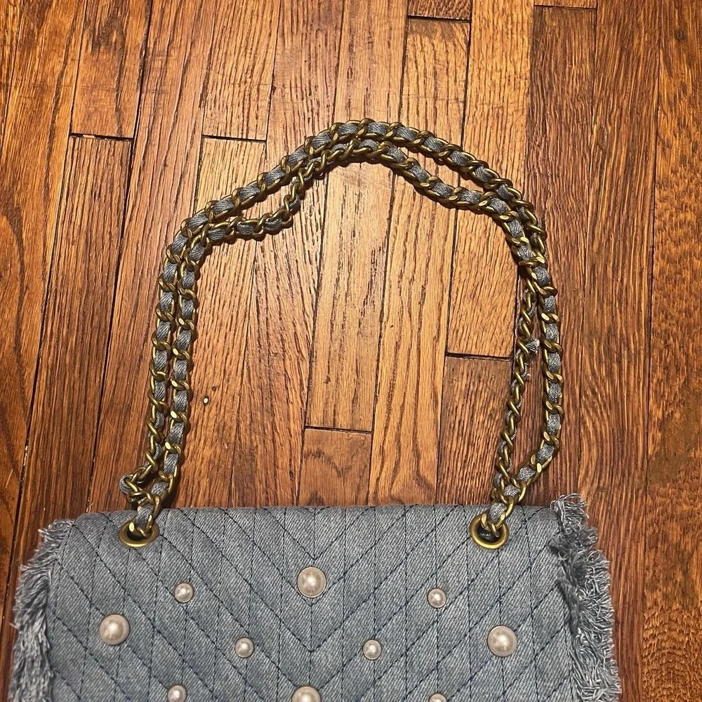 Karl Lagerfeld Paris Denim Shoulder Bag Quilted Pearl Chain Fringe Handbag Blue